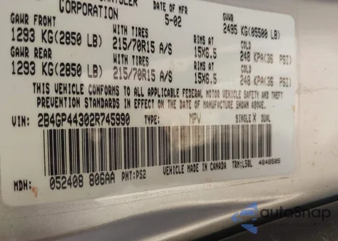 2002 Dodge Grand Caravan Sport z USA, uszkodzony, nr VIN 2B4GP44302R745990